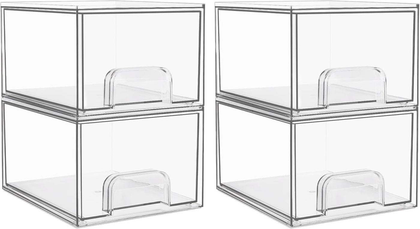 1 2 4 Pack Clear Stackable Storage Drawers, 11.2cm, 4.4in  Tall Acrylic Bathroom Makeup Organizer,Plastic Storage Bins For Vanity, Undersink, Kitchen Cabinets, Pantry, Home Organization