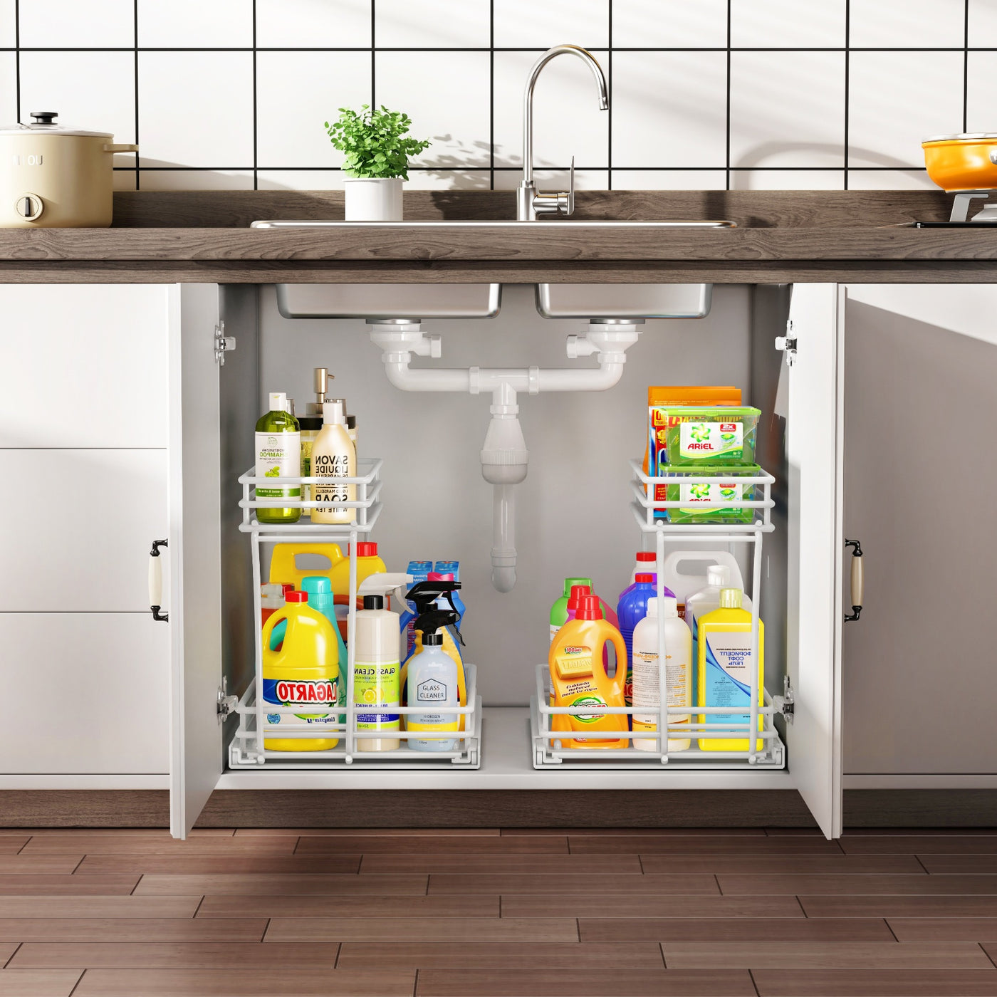 2 Pack, Metal Pull Out Cabinet Organizer, Kitchen Bathroom Organizer And Storage Rack With Sliding Drawers, Storage Rack, Storage And Organization For Home, Laundry Room, RV, Pantry, Spices