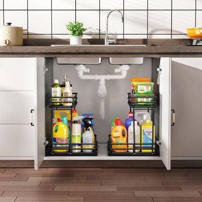 2 Pack, Metal Pull Out Cabinet Organizer, Kitchen Bathroom Organizer And Storage Rack With Sliding Drawers, Storage Rack, Storage And Organization For Home, Laundry Room, RV, Pantry, Spices